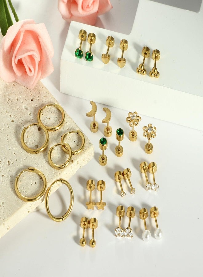 Suotarn أقراط صغيرة مضادة للحساسية من الذهب عيار 14 قيراطًا، ذات ظهر مسطح، مناسبة للنساء والرجال، مصنوعة من الفولاذ الجراحي، بتصميم أنيق وصغير الحجم، حلقية مسطحة الظهر، أقراط غضروفية، لون أخضر زمردي، ظهر لولبي، مناسبة لثقب شحمة الأذن أو الحلزون، مقاس 20G - Image 4